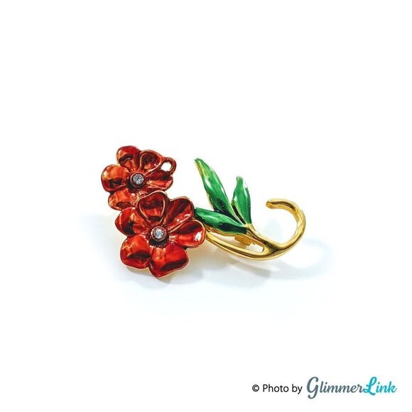 Vintage Red Flower Bouquet Gold Tone Brooch - Picture 2 of 7